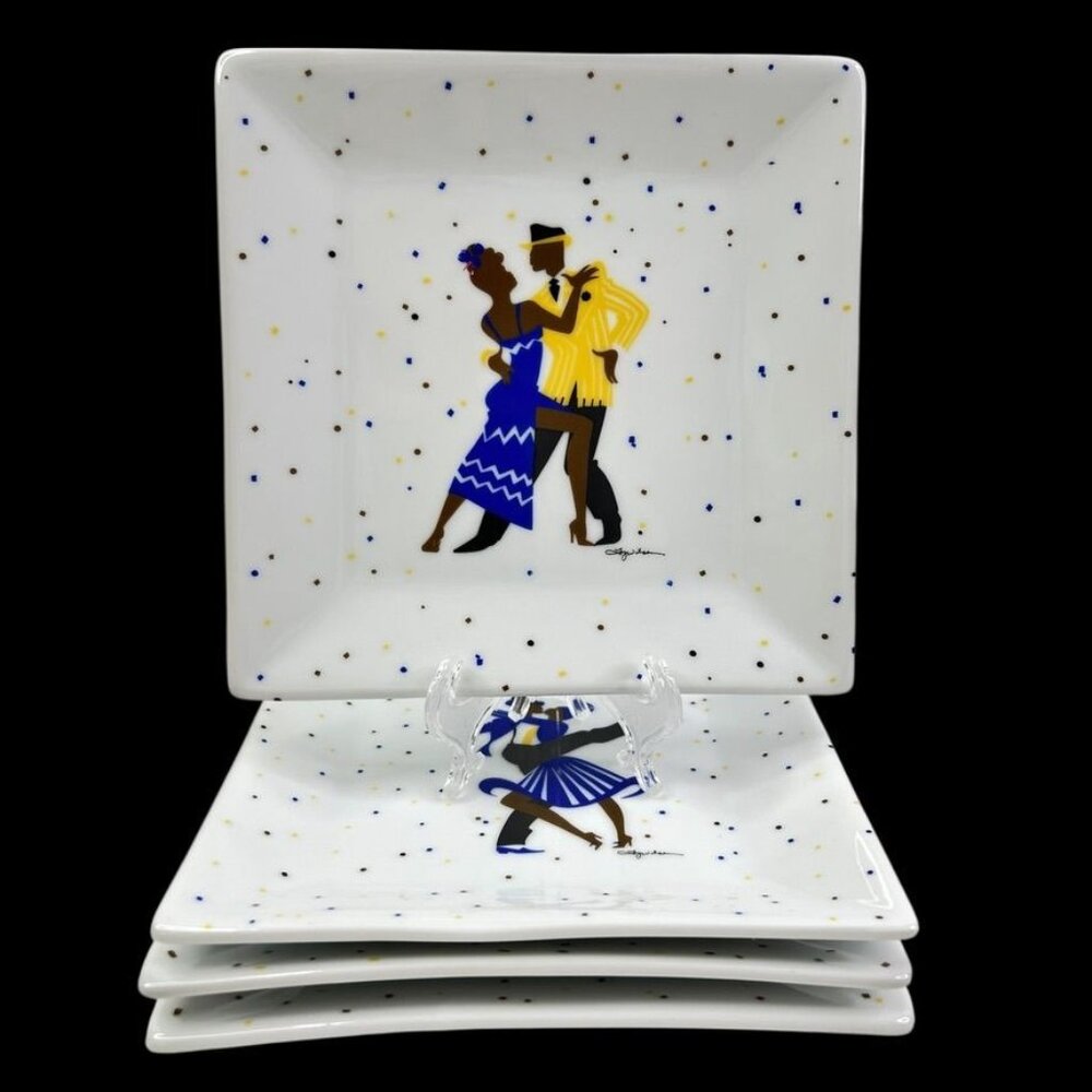 Ty Wilson 4 Luncheon Salad Plates African American Jazz Dancers 7" Square